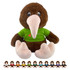 A brown kiwi plush toy with a long beak and wearing a green t-shirt, seated with colourful toy options below.