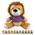 A plush lion toy with a soft golden body and brown mane, wearing a purple shirt, surrounded by miniature versions in various colours.
