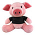 A pink pig plush toy with a black shirt and a friendly expression. It has large eyes and soft features.
