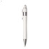 A plastic pen in white with silver accents and a clip, featuring a rounded top. It has a logo on the body.