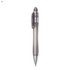 A plastic pen in a smoky grey colour with a silver clip and tip, featuring a logo.