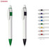 A set of plastic pens in white, featuring green and black options, with additional pens in various colours. Brand logo included.