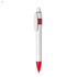 A plastic pen in white with red accents, featuring a rounded top and a clip. The pen has a logo.
