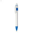 A plastic pen featuring a white body with blue accents, plus a clip and a rounded top. Branded logo visible.