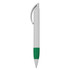 A plastic pen with a white barrel and a green grip, featuring a clip and a logo on the side.