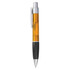 A plastic pen with an orange transparent body and a black grip, featuring a silver clip and tip.
