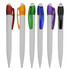A set of plastic pens in red, orange, green, purple, blue, and black with transparent clips. Each pen has a logo.