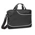 A black conference satchel with a shoulder strap and handles, featuring a stylish white trim and a logo.