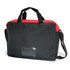 A black and red conference satchel with handles and a shoulder strap, featuring a clear ID window.
