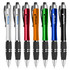 A set of plastic pens in silver, red, orange, green, blue, and black, featuring a logo on each.
