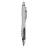 A plastic pen in white and grey with a silver clip and a logo on the side.