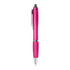 A pink plastic pen with a shiny silver clip and trim, featuring a smooth writing tip.