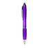 A plastic pen in a vibrant purple colour with chrome accents and a clip. It features a sleek design.
