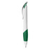 A plastic pen featuring a white barrel and a green grip, with a clip and a logo.