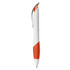 A plastic pen in white with an orange grip and clip, featuring a branding logo.