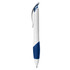 A plastic pen featuring a white barrel with a blue grip and clip, adorned with a logo.