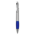 A plastic pen with a silver body and a blue grip, featuring a clickable top and a clip.