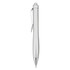 A silver plastic pen with a sleek design and a clip, featuring a shiny finish and a pointed tip.