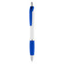 A plastic pen with a white barrel, blue grip, and blue clip, featuring a shiny silver tip.