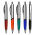 A selection of five plastic pens in red, orange, teal, blue, and black, featuring silver accents and a branding logo.