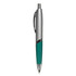 A plastic pen featuring a silver barrel and a teal grip, with a clip for attaching to notebooks.
