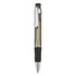 A plastic pen in grey with a chrome clip and a textured black grip. It features a logo on the barrel.