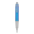 A plastic pen with a blue barrel and a clear cap, featuring a grip and a fine point tip.