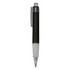A black and transparent plastic pen with a clip and a rubber grip. The pen features a logo.