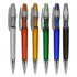 A set of six plastic pens in clear, orange, green, blue, and black, featuring a logo on each pen.