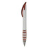 A white plastic pen with red accents and a stylised grip, featuring a logo on its body.