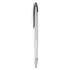 A plastic pen in white with a silver clip and tip, featuring a simple design and a branding logo.