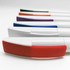 A row of plastic pens featuring white bodies with coloured accents in red, green, purple, blue, and orange.