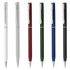 A set of six plastic pens in white, red, green, blue, and black, featuring a polished silver clip and branding.