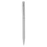 A sleek silver plastic pen featuring a shiny clip and a smooth barrel, with a branding logo displayed.
