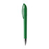 A green plastic pen with a unique clip design and metallic tip, featuring a logo on its surface.