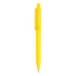A yellow plastic pen with a clip and a smooth tip, featuring a simplistic design and a branding logo.