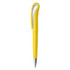 A yellow plastic pen with a sleek design and a silver clip. It features a branding logo on the body.