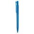 A blue plastic pen with a clip and a transparent design. Features branding on the pen.