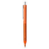 An orange plastic pen with a silver clip and a visible ink tip at the bottom.