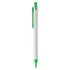 A plastic pen in white with a green clip and tip, featuring a logo on the barrel.