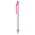 A plastic pen in white with pink accents and a transparent pink section, featuring a clip and a branded logo.