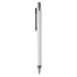 A plastic pen in white with a black clip and ink tip. Features a branding logo.