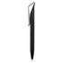 A black plastic pen with a clip and a sleek design, featuring a logo on the barrel.