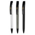 Three plastic pens in silver, grey, and black, featuring a logo on the clip.