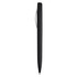 A black plastic pen with a sleek design and a silver clip, featuring a branding logo.