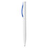 A white plastic pen with a blue clip and tip, featuring branding on its body.