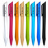 A collection of eight plastic pens in various colours: silver, magenta, orange, gold, green, blue, and black, with logos.