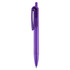 A purple plastic pen with a clip and transparent section, featuring a simple design and a point tip.
