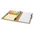 A brown notebook wallet with a notepad, sticky notes in various colours, and a pen.