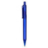A blue plastic pen with a translucent body and clip, featuring a black writing tip and a branding logo.